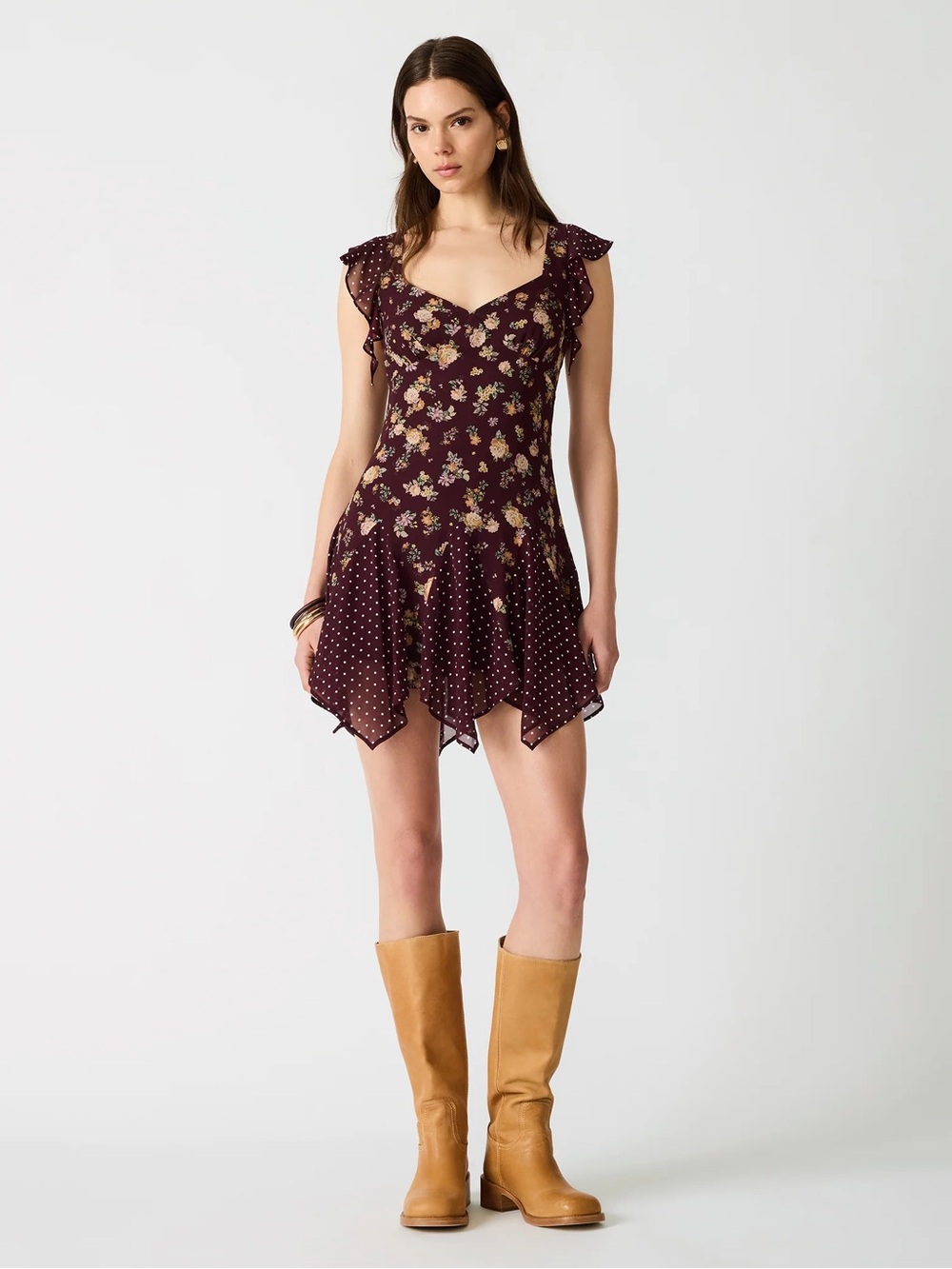 Steve Madden Burgundy Floral & Polka Dot Asymmetrical Dress - Picture 2 of 3